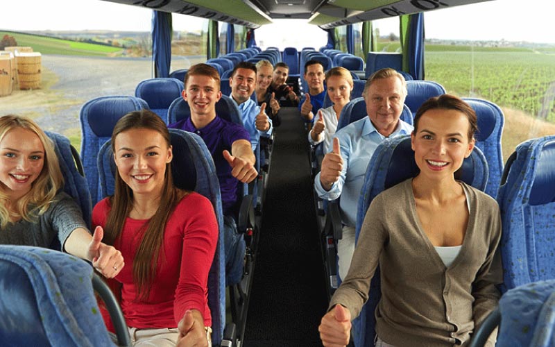 adult friends enjoying their coach ride, family tours, August 2024, Australia