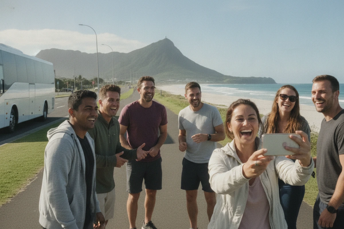 Coach hire in Tauranga with Mount Maunganui behind