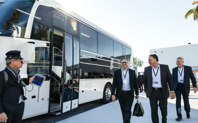 corporate employees visiting industry fair booths, VIP coach charter, July 2024, Australia