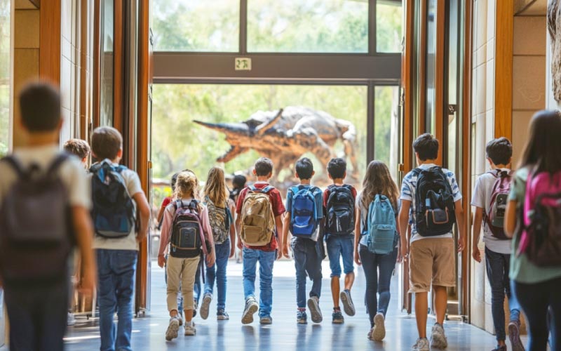 students excitedly entering a museum, school trip, July 2024, Australia