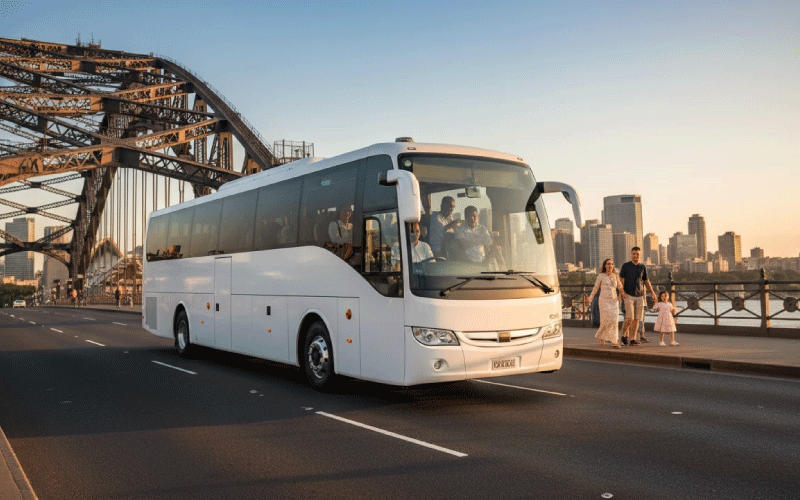 Group of people travelling together in a private charter coach across Australia