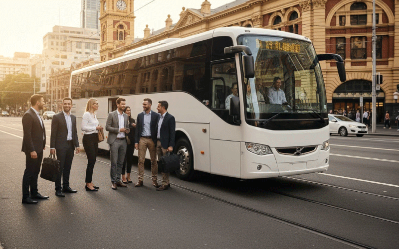 Melbourne corporate group travelling by bus to a 2026 training summit