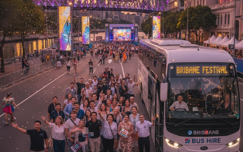 Group coach hire with Brisbane Coaches for Brisbane Festival 2026 schools, arts societies, corporate groups and Riverfire