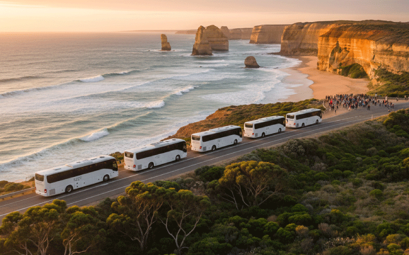 Group of travellers boarding a charter bus in Australia — why booking bus hire early matters