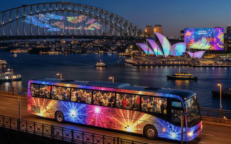 Groups travelling by coach to Vivid Sydney 2026 light installations
