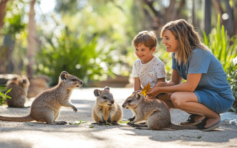 family posing with quokkas or kangaroos, Australia trip, December 2024, Australia