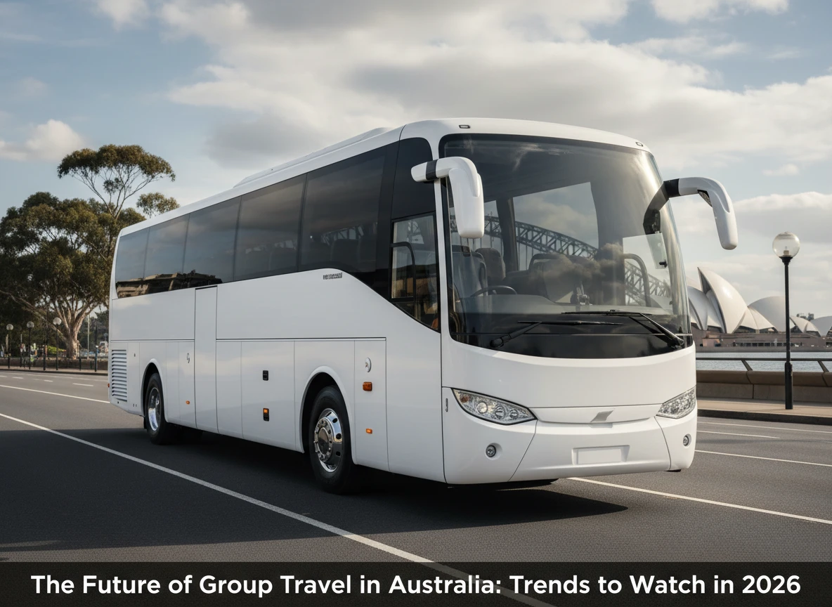 Modern coach travelling through Australia's scenic landscapes, representing the future of sustainable group travel in 2026