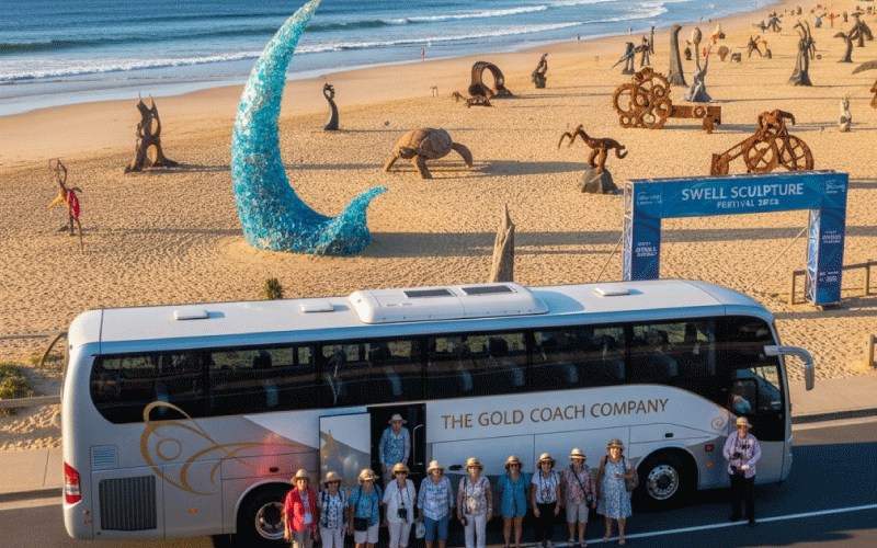 Gold Coast bus hire and coach transport for SWELL Sculpture Festival 2026 school excursions, community arts groups and private tours at Currumbin Beach