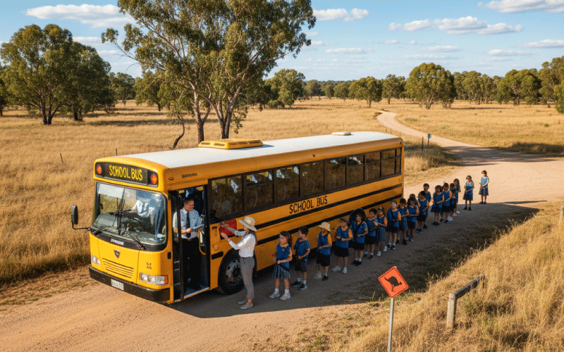 Female teacher helping students board a school bus with seat belts and supervision