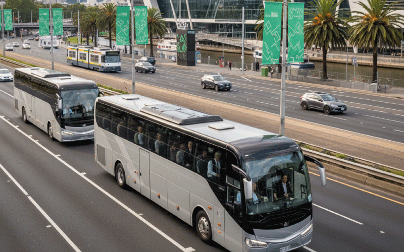 Executive coach transporting business delegates to AIME Melbourne Convention Centre 2026