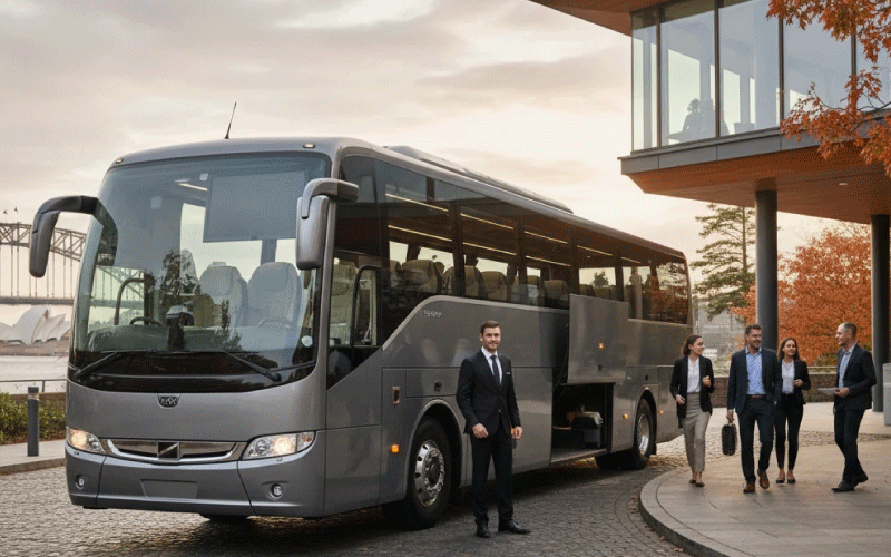 Luxury executive coach outside iconic Sydney venue for high-end corporate retreat transport