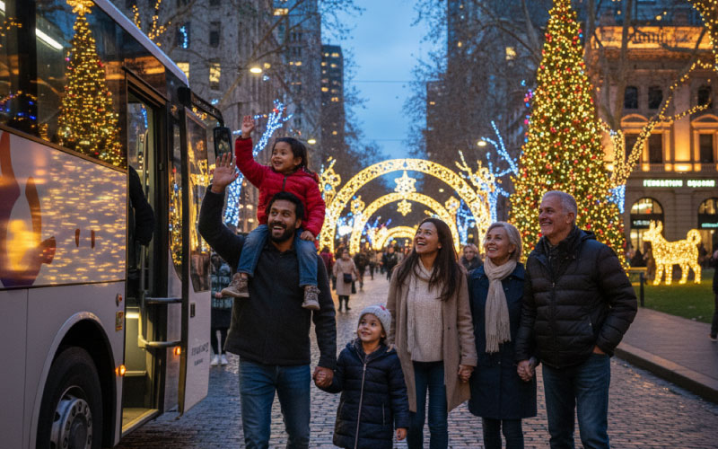 A family group stepping off a coach near a Christmas light display in Melbourne